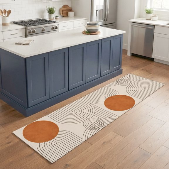 Boho Abstract 2'x6' Runner Rugs for Hallway Kitchen Bedside Non Slip, Orange Sun Geometric Meander Lines Modern Art Entryway Rug Runners with Rubber Backing, Long Carpet Runner for Laundry Room