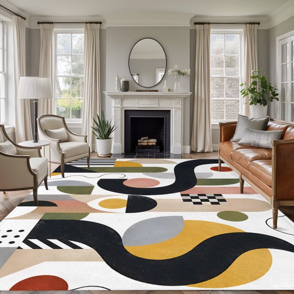Boho Abstract 5'x7' Area Rug, Modern Geometric Pink Green Stripe Circle Forms Washable Non-Slip Soft Rugs, Low-Pile Large Carpet for Living Room Bedroom Dining Room, Non-Shedding Accent Rug
