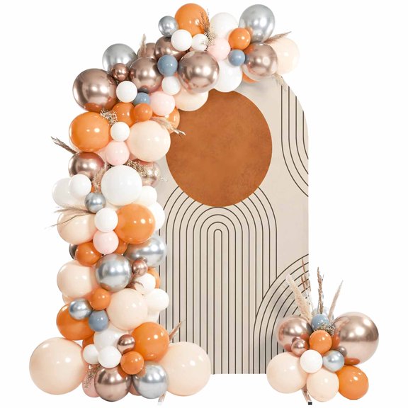 Boho Abstract Arch Backdrop Cover 6Ft, Wedding Arch Covers Stretchy Backdrop, Orange Sun Geometric Meander Lines Modern Art Fitted 2 Sided Arched Photo Background for Birthday Party Decorations