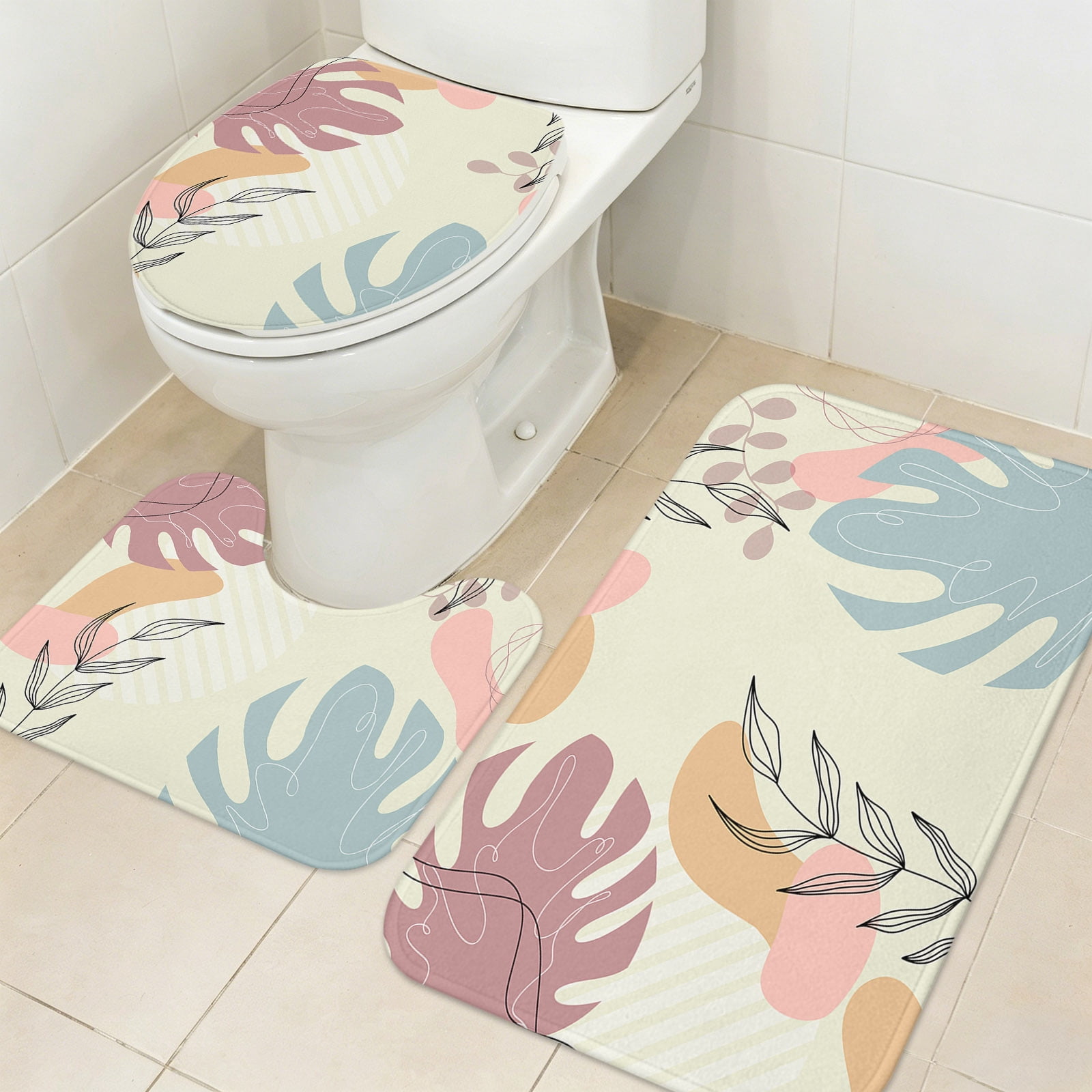 Boho Abstract Bathroom Rugs Sets 3 Piece, Geometric Morandi Color ...