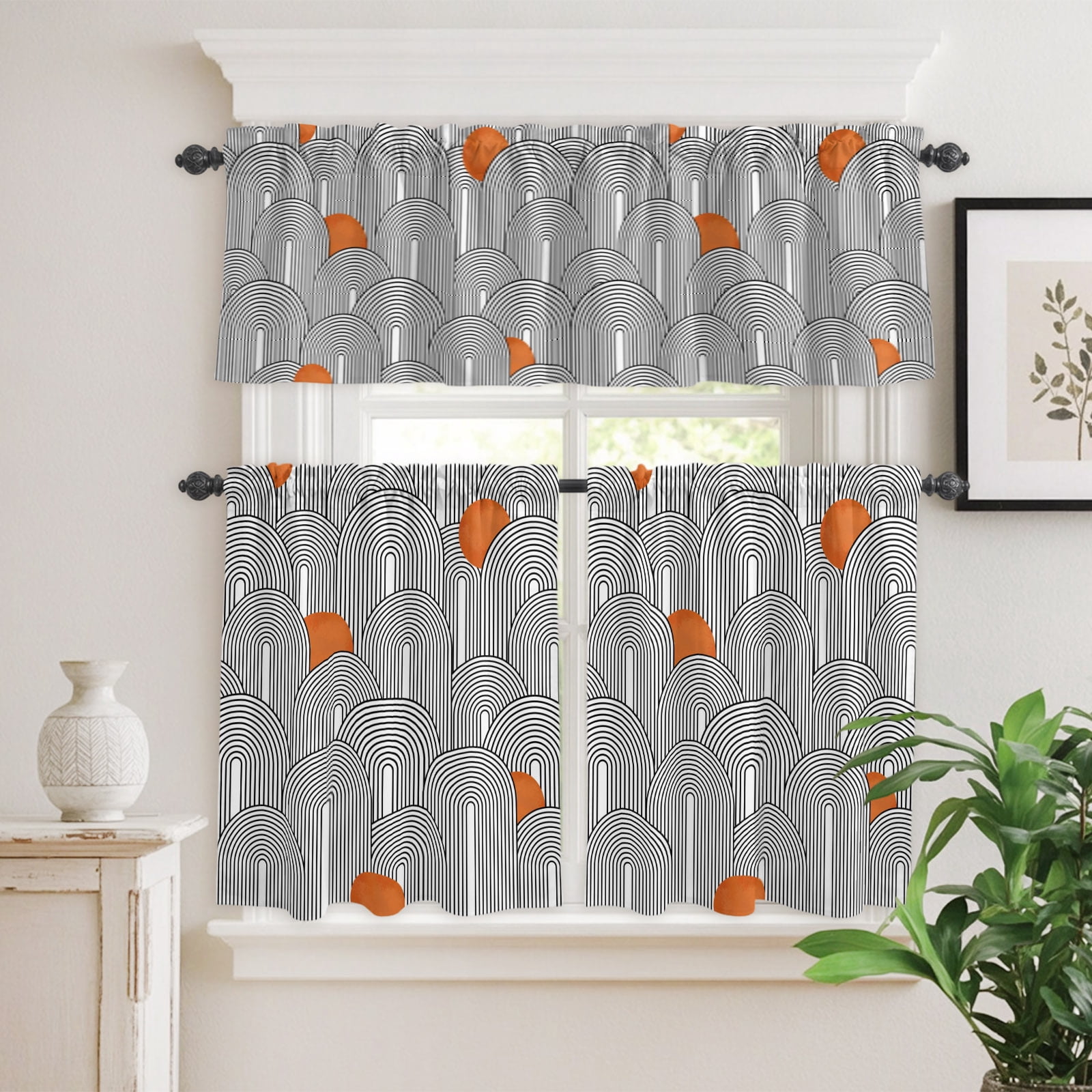 Boho Abstract Black White Rounds Stripes Curtain Tier and Valance Set 3 ...