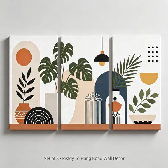 16x24 in 3 Panel Stretched Canvas Wall Art, Boho Abstract Botanical Monstera Leaf Print, Mid Century Neutral Terracotta Home Decor