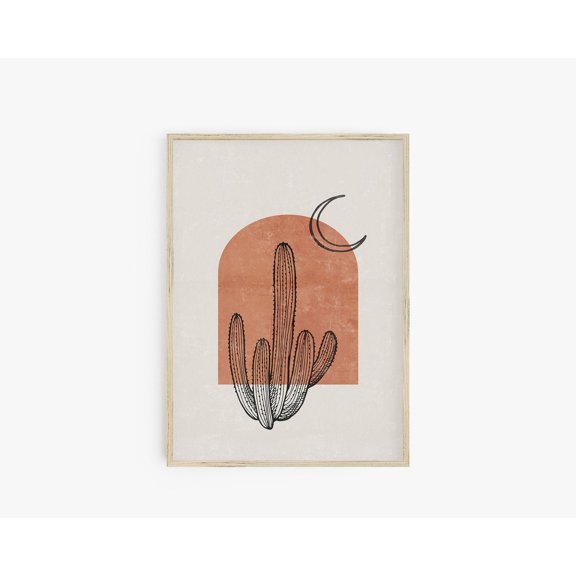 Boho Abstract Cactus Art Desert Moon Line Drawing Terracotta Black Minimalist Poster, Unframed Canvas 24x36in