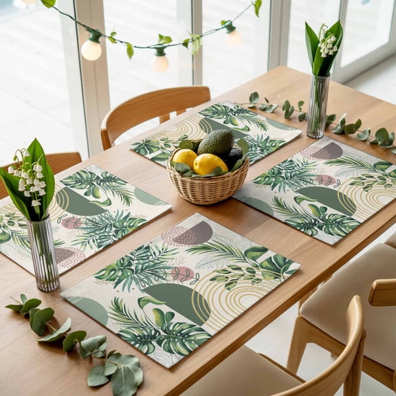 Boho Abstract Color Block Placemats Set of 4,Wipeable Washable Table Mats for Dining Tables, Tropical Green Palm Leaves Place Mats for Kitchen Event Party Tabletop Decor