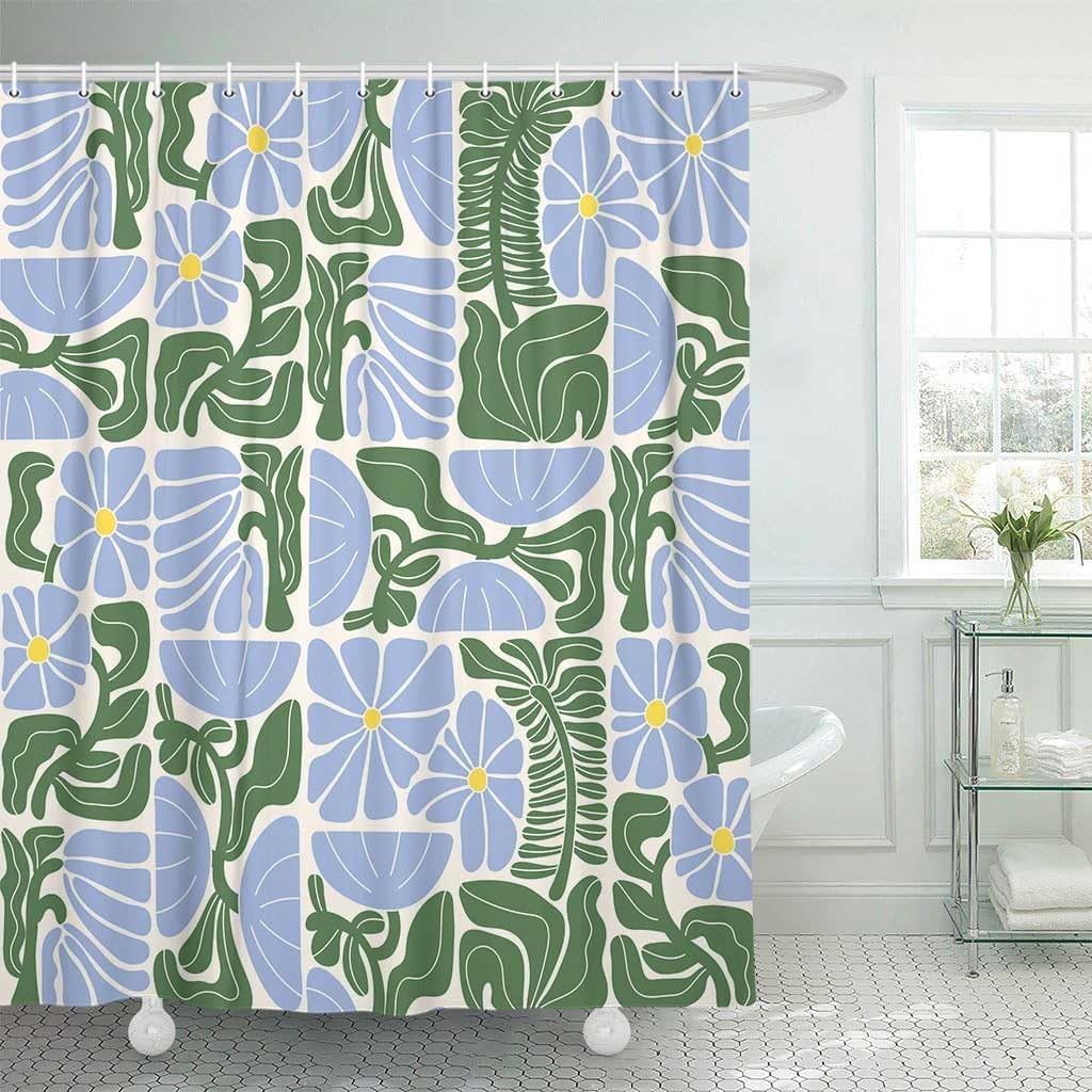Boho Abstract Colorful Floral Shower Curtain, Vintage Retro Patchwork Blue Green Flower Botanical Geometric Aesthetic Groovy Bathroom Decor Shower Curtain Set with 12 Hooks, 72X72in
