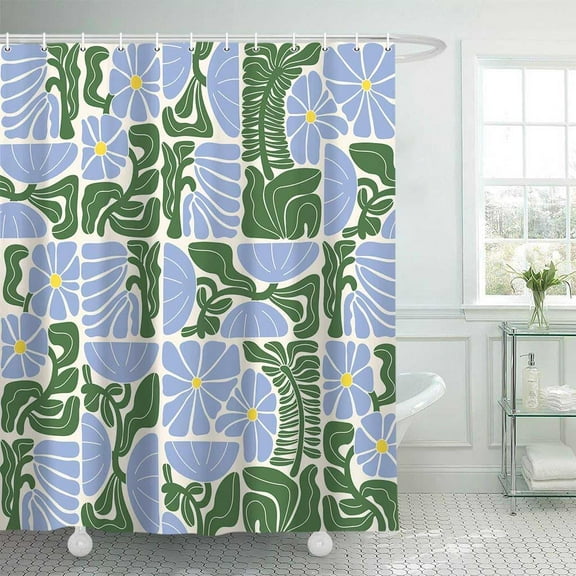 Boho Abstract Colorful Floral Shower Curtain, Vintage Retro Patchwork Blue Green Flower Botanical Geometric Aesthetic Groovy Bathroom Decor Shower Curtain Set with 12 Hooks, 72X72IN