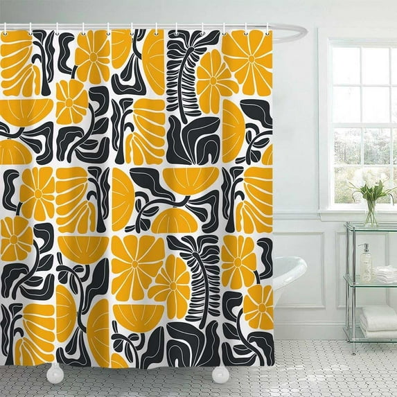 Boho Abstract Colorful Floral Shower Curtain, Vintage Retro Patchwork Orange Black Flower Botanical Geometric Aesthetic Groovy Bathroom Decor Shower Curtain Set with 12 Hooks, 72X72in