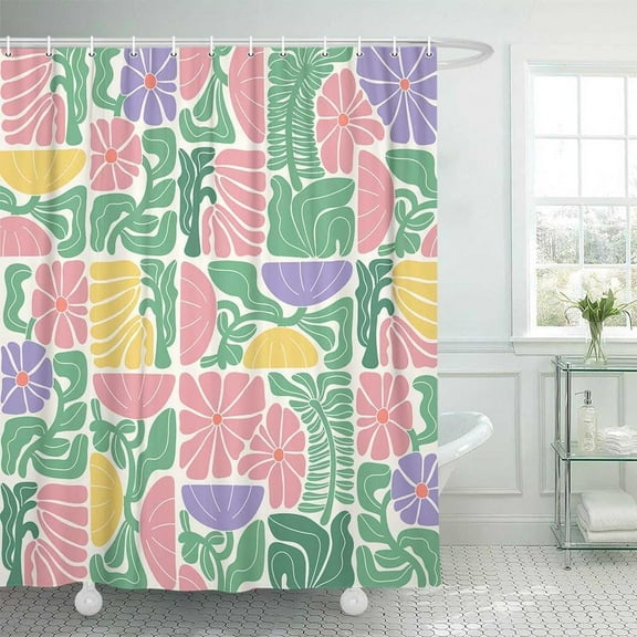 Boho Abstract Colorful Floral Shower Curtain, Vintage Retro Patchwork Purple Green Flower Botanical Geometric Aesthetic Groovy Bathroom Decor Shower Curtain Set with 12 Hooks, 72X72in