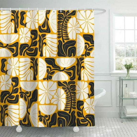 Boho Abstract Colorful Floral Shower Curtain, Vintage Retro Patchwork White Black Orange Flower Botanical Geometric Aesthetic Groovy Bathroom Decor Shower Curtain Set with 12 Hooks, 72X72in