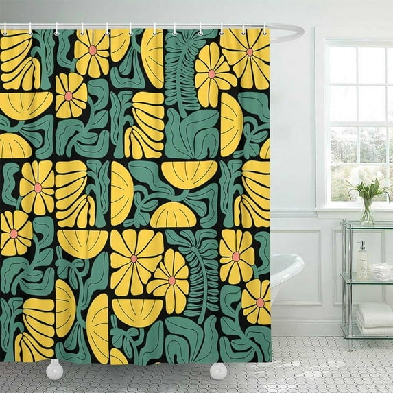 Boho Abstract Colorful Floral Shower Curtain, Vintage Retro Patchwork Yellow Green Flower Botanical Geometric Aesthetic Groovy Bathroom Decor Shower Curtain Set with 12 Hooks, 72X72in