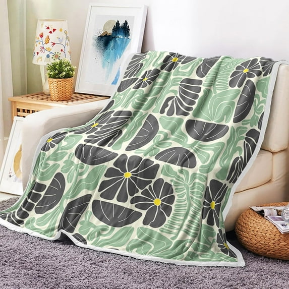 Boho Abstract Colorful Floral Throw Blanket, Vintage Retro Patchwork Green Flower Botanical Geometric Aesthetic Groovy Flannel Throw Blanket for Chair Bed Sofa Couch, 60X90IN