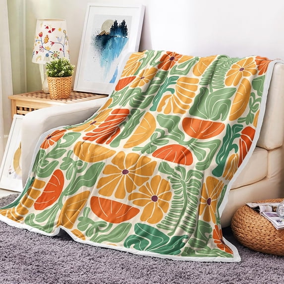 Boho Abstract Colorful Floral Throw Blanket, Vintage Retro Patchwork Orange Green Flower Botanical Geometric Aesthetic Groovy Flannel Throw Blanket for Chair Bed Sofa Couch, 50X60IN