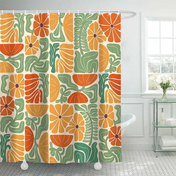 Boho Abstract Colorful Floral , Vintage Retro Patchwork Orange Green Flower Botanical Geometric Aesthetic Groovy Bathroom Decor Set with 12 Hooks, 70X70IN