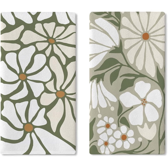 Boho Abstract Flower Kitchen Dish Towels Set of 2, Bohemian Green White Floral Drying Hand Towel Baking Cooking Cloth, Spring Summer Botanical Bathroom Home Decoration 18'' x 26''