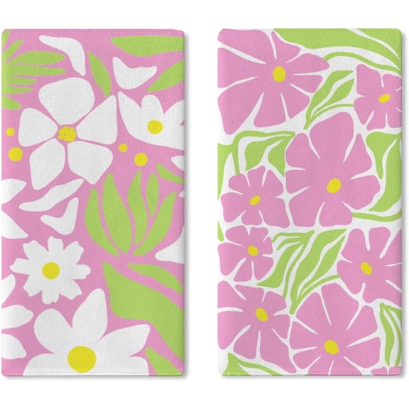 Boho Abstract Flower Kitchen Dish Towels Set of 2, Bohemian Pink White Floral Drying Hand Towel Baking Cooking Cloth, Spring Summer Botanical Bathroom Home Decoration 18'' x 26''