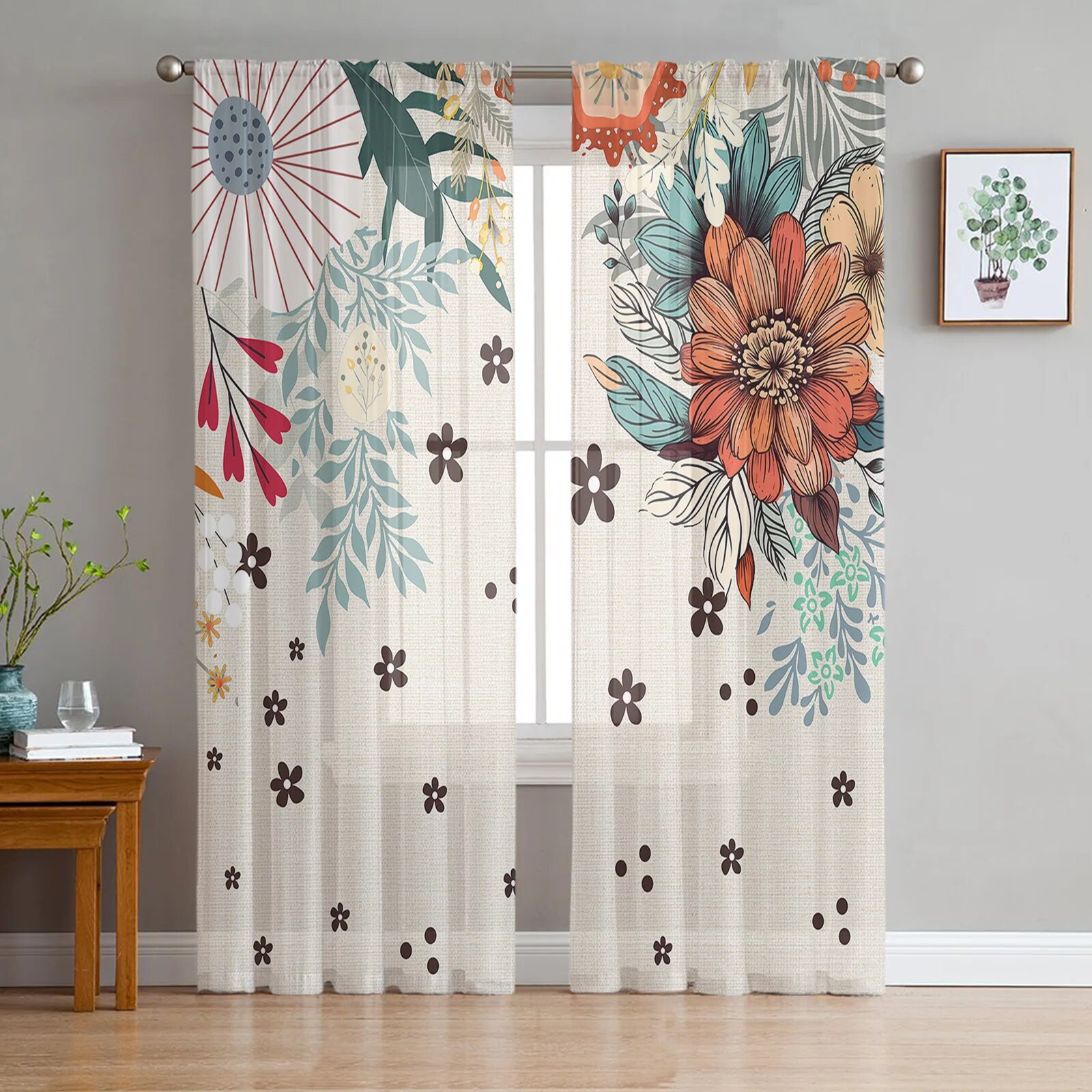 Boho Abstract Flower Plant Tulle Curtains for Living Room Sheer Curtain ...
