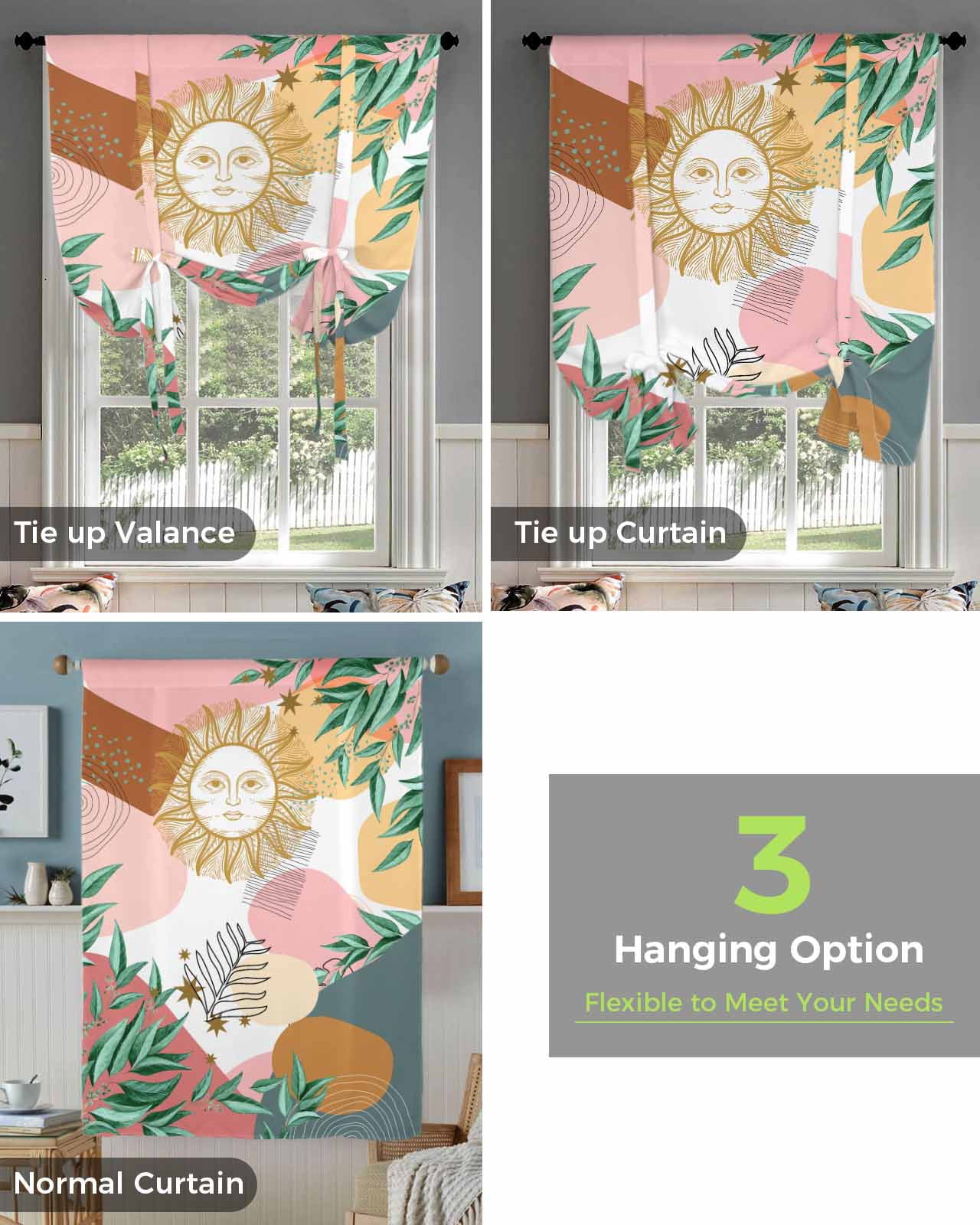 Feeff Boho Abstract Flower Plant Window Curtain for Living Room Adjustable ...