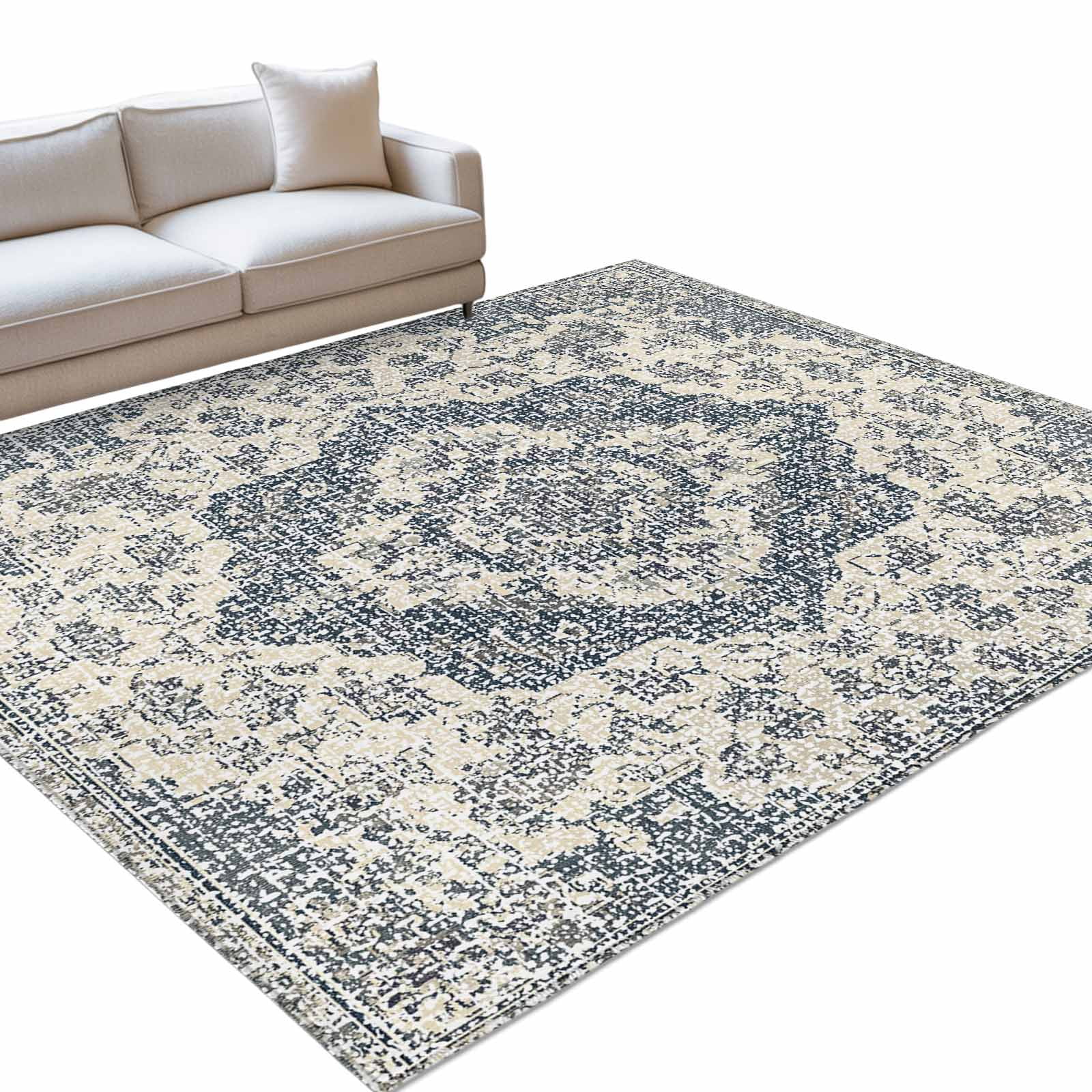 Nationals Rug Boho Abstract Flowers Area Rug, Navy Blue Retro National Medieval Style ...