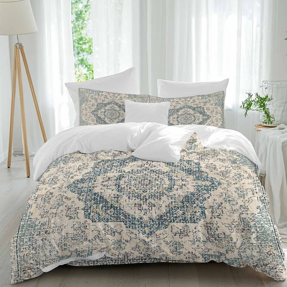 Boho Abstract Flowers Duvet Cover Set California King Size, Green Beige ...