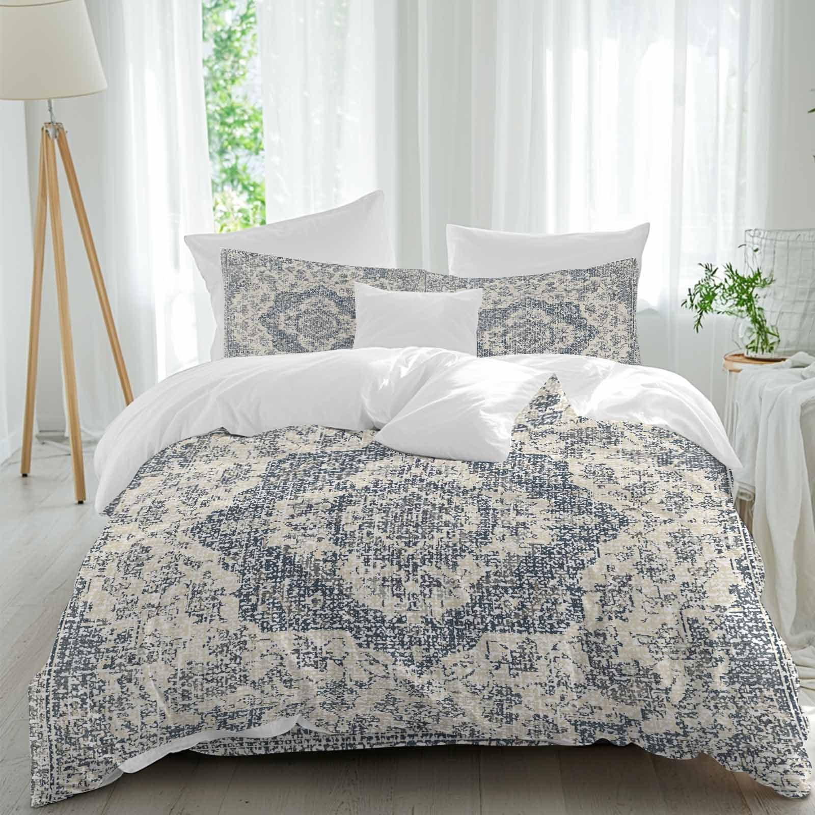 Boho Abstract Flowers Duvet Cover Set Queen Size, Navy Blue Retro ...
