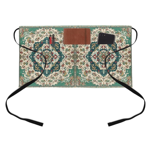 Boho Abstract Flowers Half Waist Apron Green Red Retro Medieval National Style Short Waiter Aprons with 3 Pockets for Women Men Kitchen Restaurant Cooking