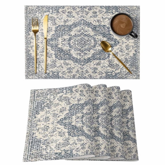 Boho Abstract Flowers Placemats Set of 8, Navy Blue Retro National Medieval Style Non-Slip Place Mats Washable Table Mats for Kitchen Dining Table Decorations Indoor/Outdoor