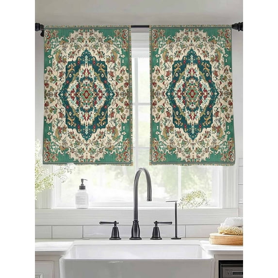 Boho Abstract Flowers Sheer Curtains 45 Inches Long 2 Panels Green Red Retro Medieval National Style Light Filtering Semi Sheer Window Curtains Drapes for Bedroom Living Room 52"x45"