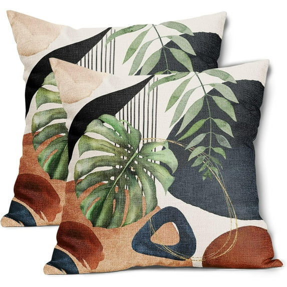 Boho Abstract Geometric Tropical Pillow Covers 18X18 In Set of 2 Bohemian Minimalist Palm Leaf Throw Pillow Cases Navy Blue Burnt Orange Modern Pillow Cover Home Decor For Sofa Couch Room Outdoor