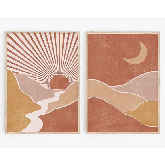 Boho Abstract Landscape Set Poster Sun Rays Moon Prints Boho Nursery Decor Above Crib Art Above Bed Art Mid Century Modern Art Set Set 2