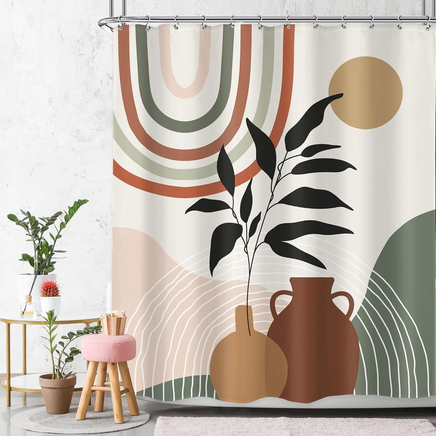 Boho Abstract Leaves Shower Curtain 72Wx72L Inch Mid Century Modern Retro Rainbow Vase Bohemian Plant Shower Curtain Bathroom Set Minimalist Art Line Bath Curtain Bathtub Accessories Home Decor
