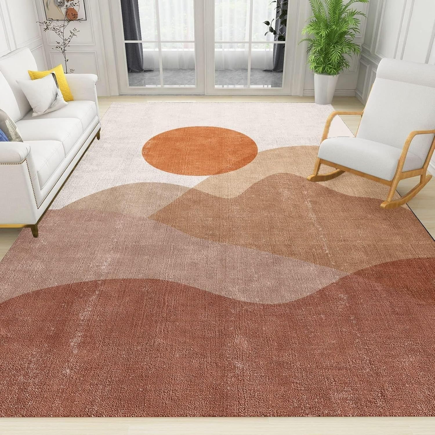 Front View Boho Rug Boho Abstract Mid Century Area Rugs, Modern Sun and Mountain Washable ...