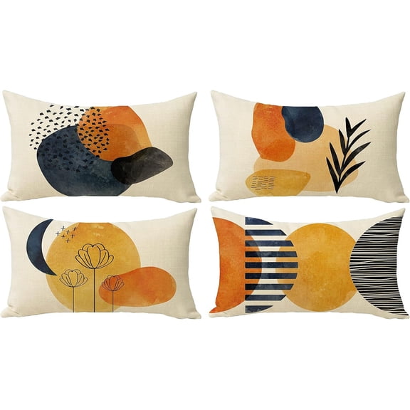 Boho Abstract Modern Art Decorative 12x20 Lumbar Throw Pillow Cover Set of 4, Rectangular Minimalist Geometric Bohemian Sun Moon Decoration, Botanical Pillowcase Cushion Case Home Decor