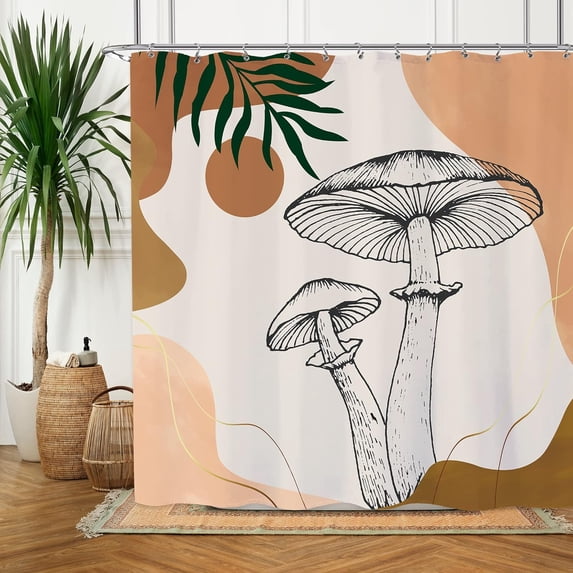 Boho Abstract Mushroom Shower Curtain Vintage Mid Century Modern Shower Curtain for Bathroom Set Minimalist Sun Leaf Fabric Waterproof Shower Curtain for Bathtub Decor Decoration 72x72 Inch