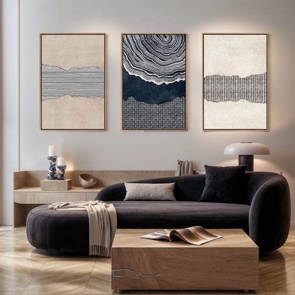 Boho Abstract Neutral Wall Art Modern Geometric Wall Painting Mid Century Wall Decor Blue White Lines Canvas Artwork Set of 3 for Living Room Bedroom Office 24x36 In