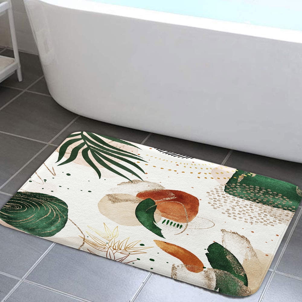 Boho Abstract Non-slip Bath Mats Rugs, Mid Century Green Brown Leaves ...
