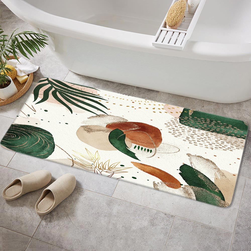 Boho Abstract Non-slip Bath Mats Rugs, Mid Century Green Brown Leaves Bathroom Mats Rugs, Minimalist Modern Aesthetic Door Mats for Kitchen Living Room and Bathroom 16X48IN
