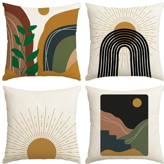 Boho Abstract Pillow Covers 18 x 18 Inch Set of 4 Mid Century Throw Pillow Covers Sunset Sunrise Mountain Landscape Nature Pillowcases Modern Art Cushion Cases for Sofa Bed Home Decor