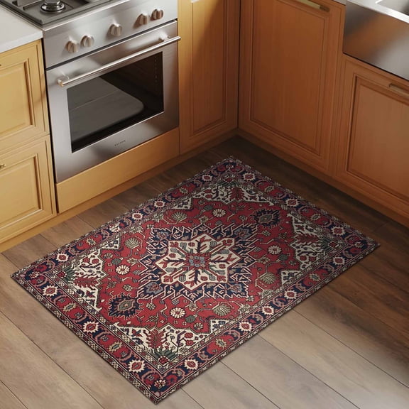 Boho Abstract Plant 2x3 Rug for Entryway Front Door Kitchen Sink Area, Vintage Red Blue Geometric National Medieval Trible Low Pile Washable Non Slip Rectangle Area Rug