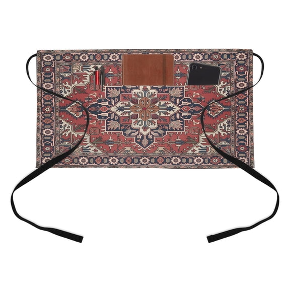 Boho Abstract Plant Half Waist Apron Vintage Red Blue Retro National Medieval Trible Short Waiter Aprons with 3 Pockets for Women Men Kitchen Restaurant Cooking