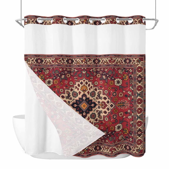 Boho Abstract Plant No Hook Shower Curtain and Snap in Liner Set, Vintage Red Retro National Medieval Trible Waterproof Shower Curtain Liner Set with Mesh Top Window for Bathroom 72x72in