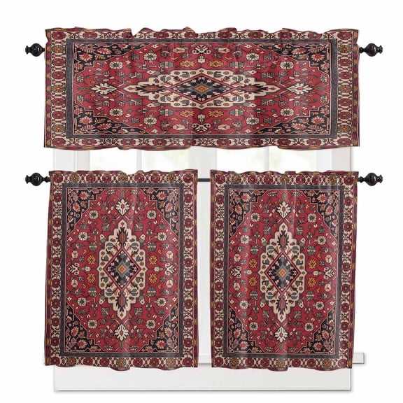 Boho Abstract Plant Kitchen Curtains Valance and Tier Set Vintage Red Black Retro National Medieval Trible Short Curtains for Small Window 3 Pieces Set for Bedroom Bathroom Cafe (54" x 18"+27" x 24")