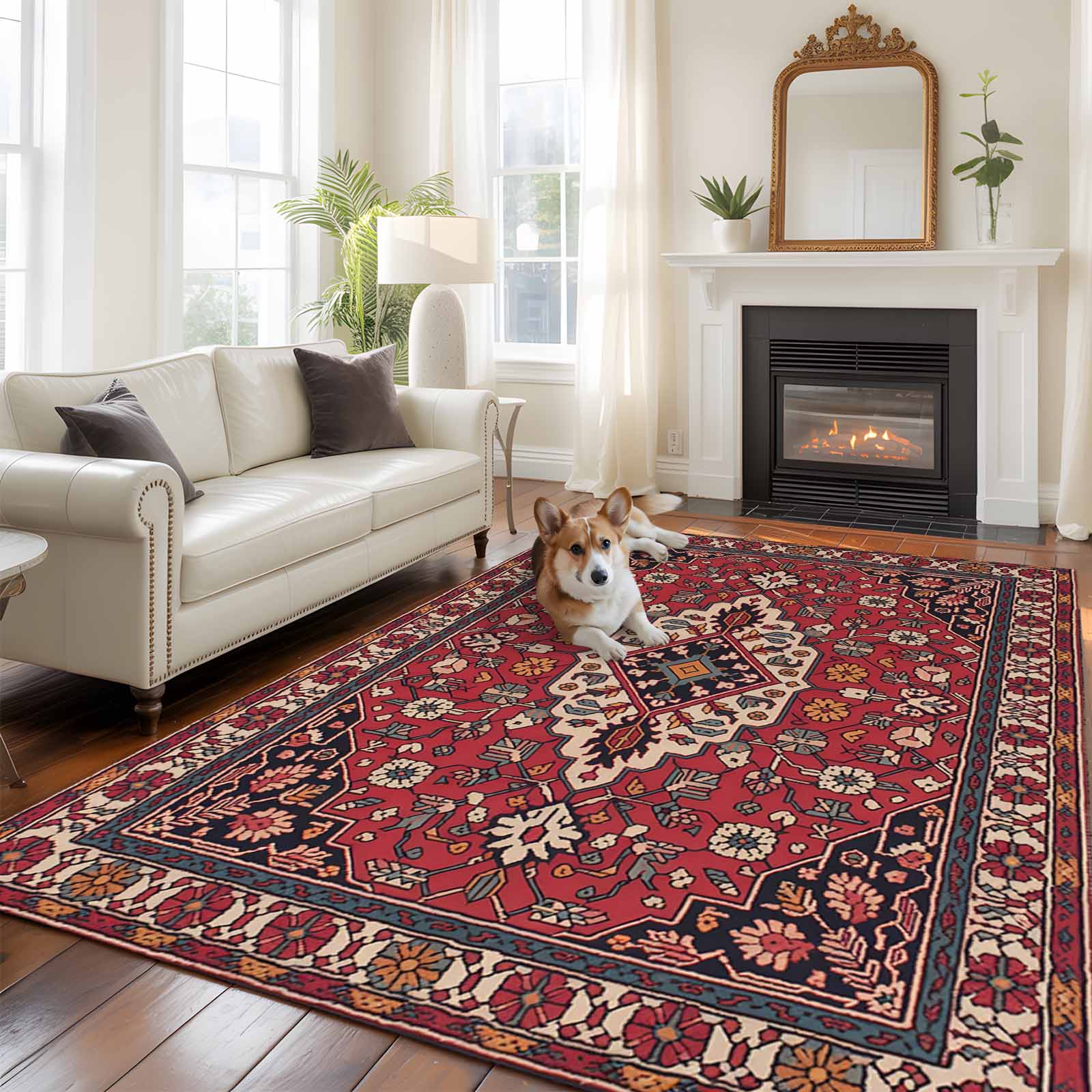 Medieval Red Rug Boho Abstract Plant Large Area Rugs 8x10 ft Vintage Red Black Retro ...