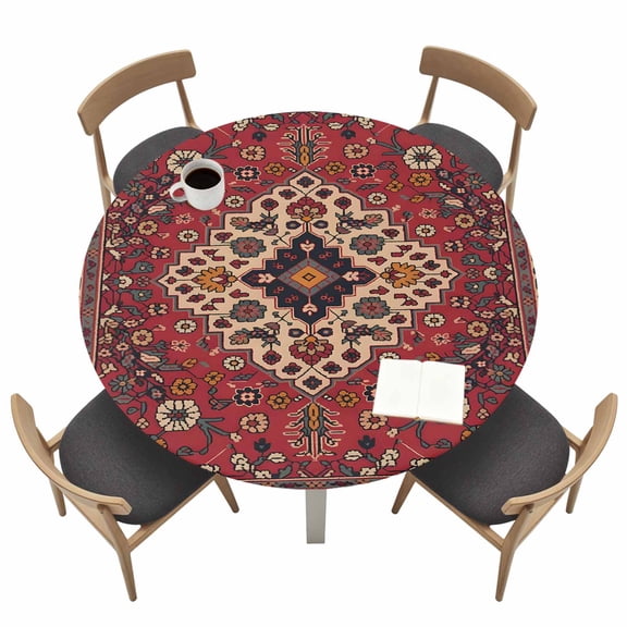 Boho Abstract Plant Round Fitted Tablecloth with Elastic Edge Vintage Red Retro National Medieval Trible Table Cover Fit for 45"-54" Tables Waterproof Tablecloths for Dinner Camping Picnic