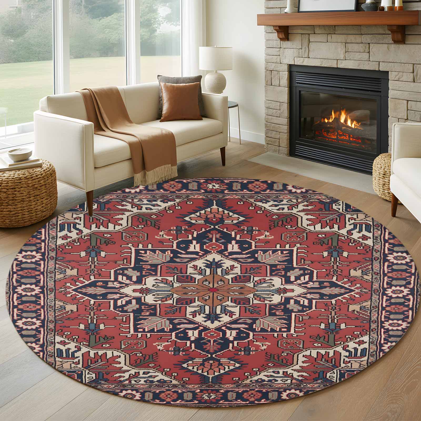 Medieval Rug Blue Boho Abstract Plant Round Living Room Rugs 8 ft, Vintage Red Blue Retro ...
