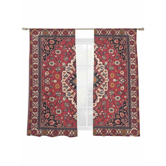 Boho Abstract Plant Sheer Curtains 2 Panels Set Vintage Red Black Retro National Medieval Trible Sheer Window Curtains Light Filtering Rod Pocket Voile Drapes for Bedroom Living Room 52"x63"