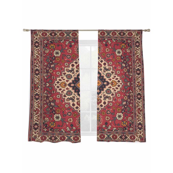 Boho Abstract Plant Sheer Curtains 2 Panels Set Vintage Red Retro National Medieval Trible Sheer Window Curtains Light Filtering Rod Pocket Voile Drapes for Bedroom Living Room 52"x63"