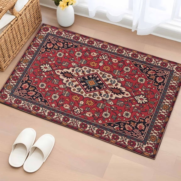 Boho Abstract Plant Washable Small Entryway Area Rugs 2'x3', Vintage Red Black Retro National Medieval Trible Low Pile Throw Rug Non-Slip Sturdy Edge Binding Carpet for Front Door Floor Room Entry