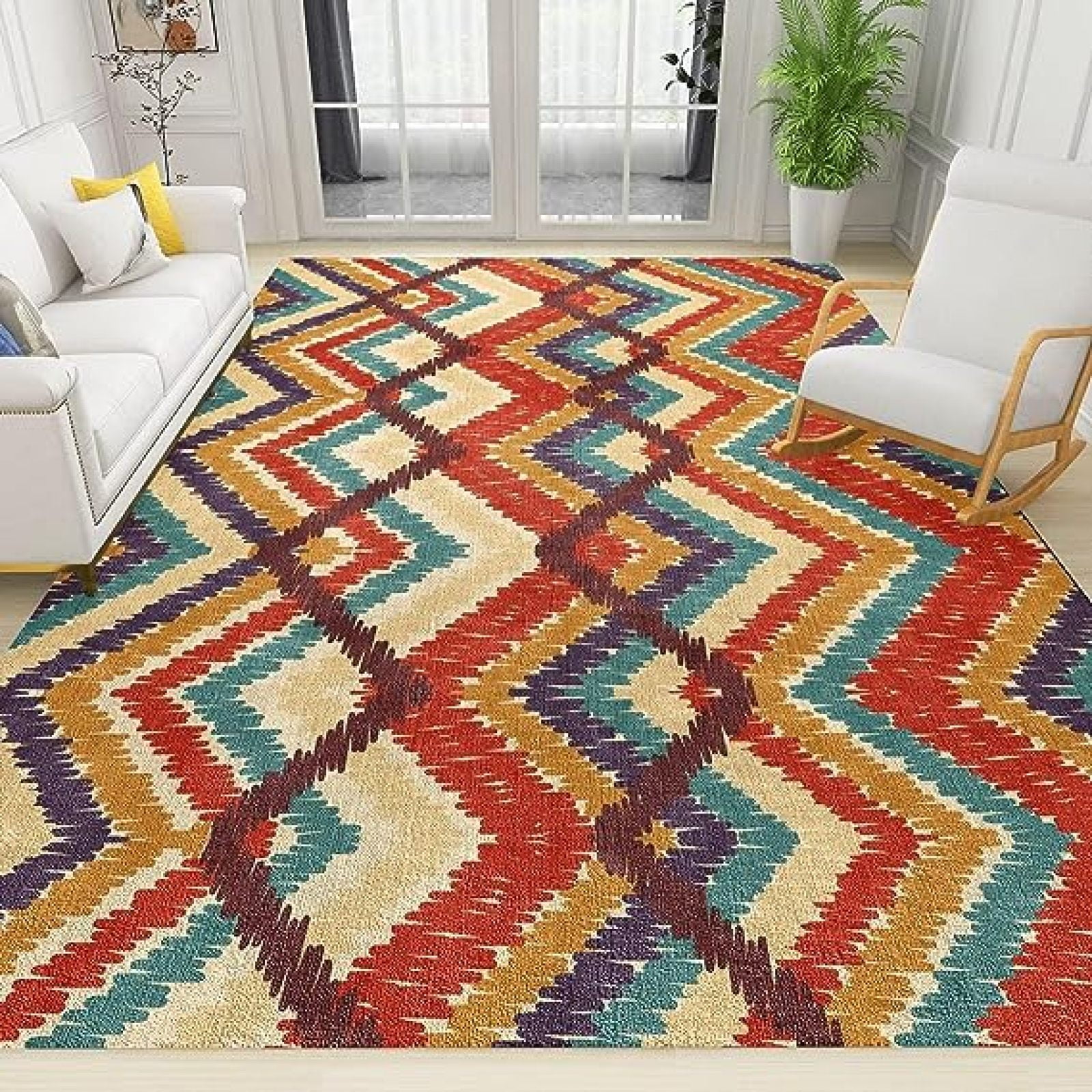 Boho Abstract Rainbow Area Rug, Color Stripe Mosaic Geometry Short Pile