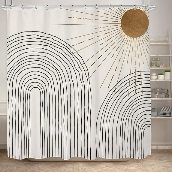 Boho Abstract Sun Arches Shower Curtain for Bathroom Decor 72Wx72H Inches Mid Century Modern Minimalist Rainbow Sunshine Black Beige Simple Art Lines Fabric Waterproof Polyester 12 Pack Hooks