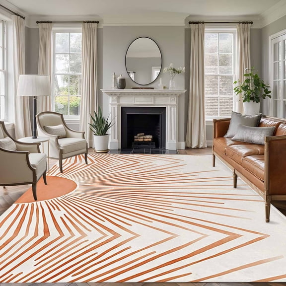 Boho Abstract Sun Area Rug 6x9 FT, Non Slip Living Room Throw Carpet, Modern Beige Sun Light Lines Washable Soft Large Floor Carpet Non-Shedding Rug for Bedroom Dining Room Play Room